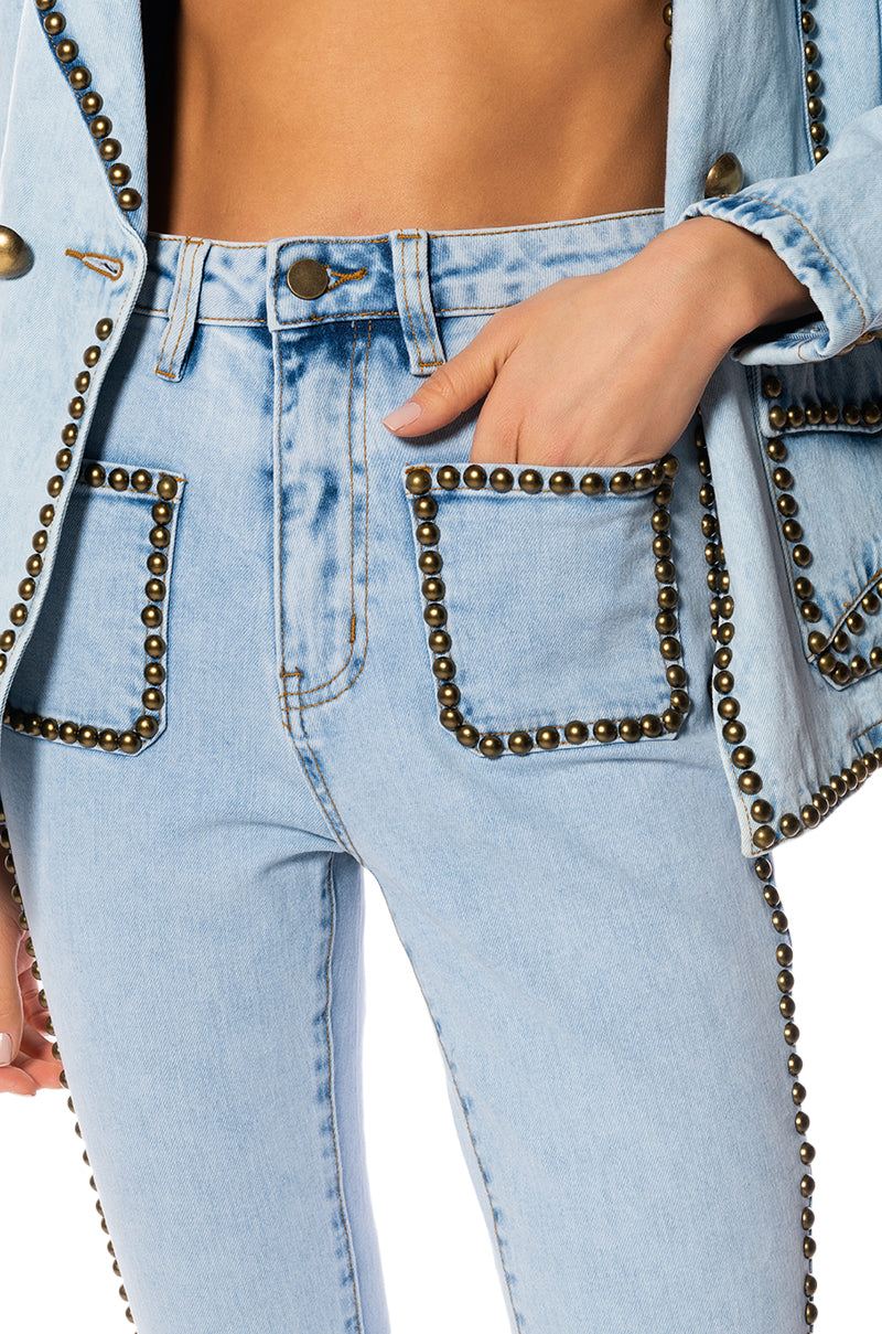 HERE TO STAND OUT EMBELLISHED HIGH RISE FLARE JEANS
