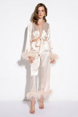 HIDDEN AGENDA FEATHER DETAIL SATIN TIE FRONT BLOUSE