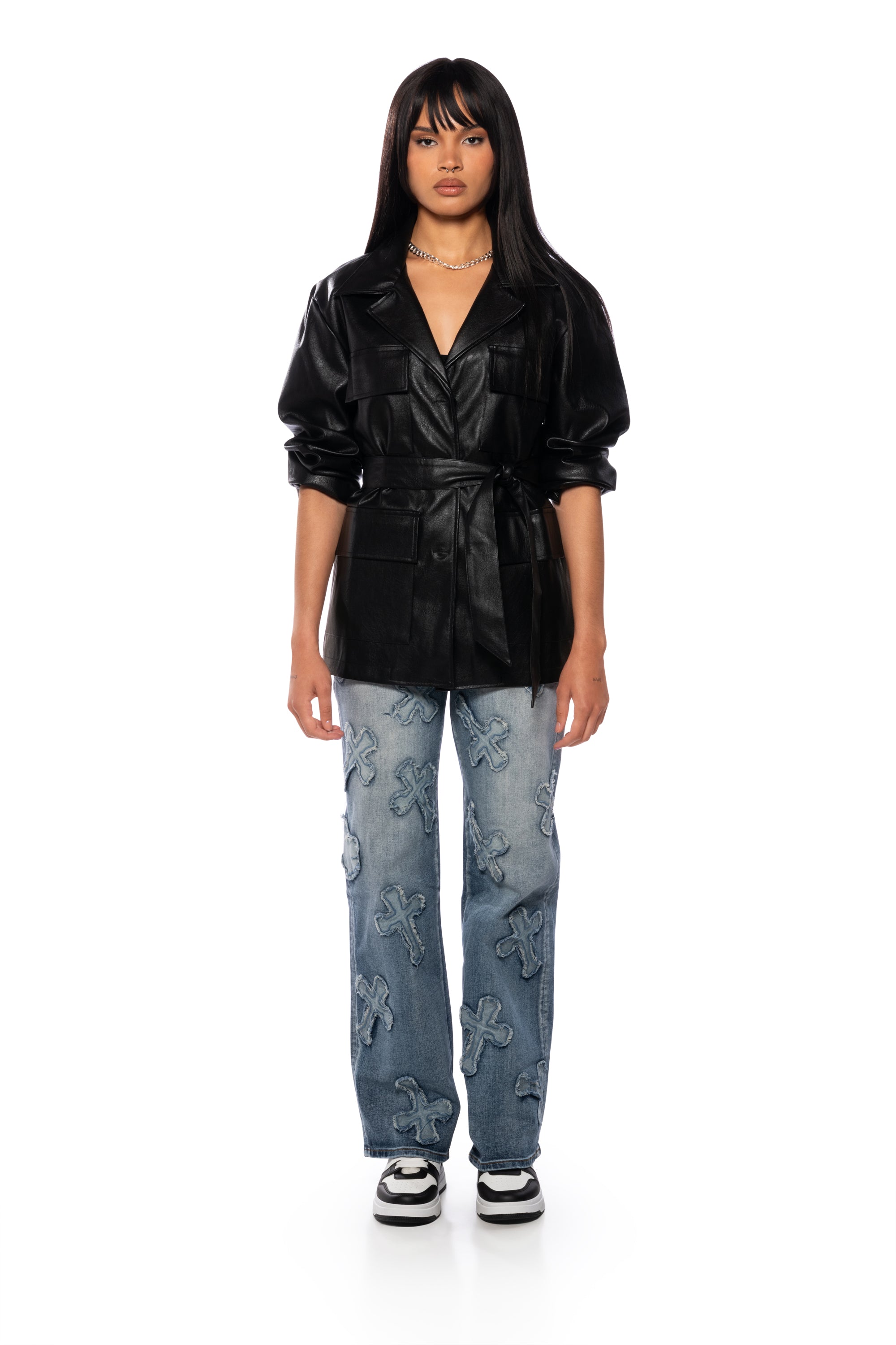 TIE FRONT MOTO JACKET IN BLACK