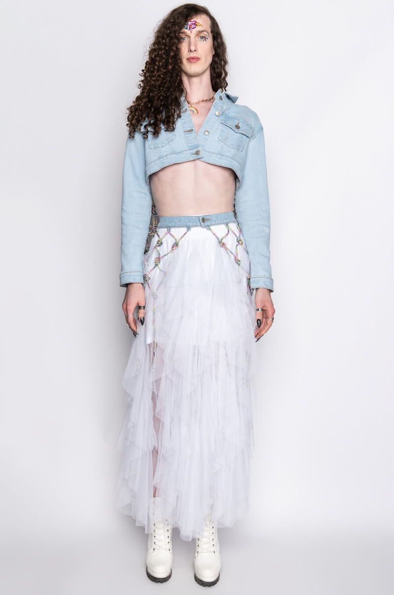 I AM ME CLYDE RAINBOW RHINESTONE CORD DENIM JACKET