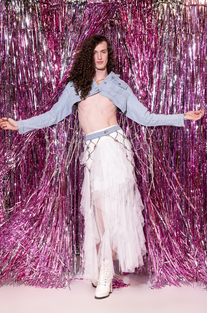 I AM ME CLYDE RAINBOW RHINESTONE CORD DENIM JACKET