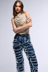 IMANI SUPER DISTRESSED RELAXED FIT JEANS IN DARK BLUE