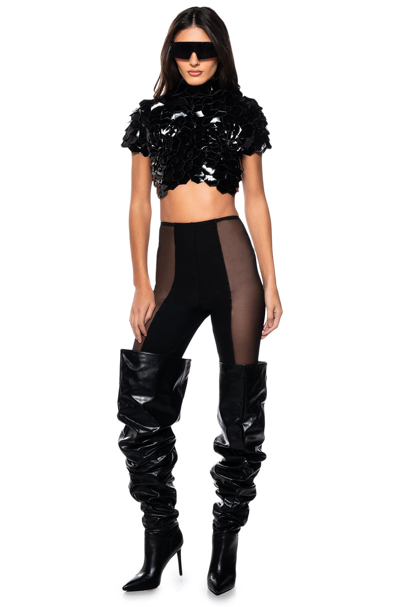 IN BLOOM FAUX LEATHER SHORT SLEEVE TOP