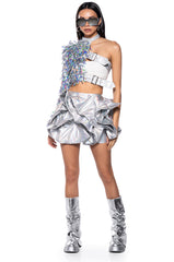 IN FULL BLOOM RUFFLED METALLIC MINI SKIRT