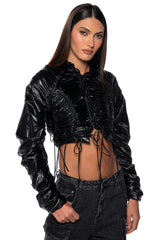 INTO THE MATRIX FAUX LEATHER RUCHED BLOUSE