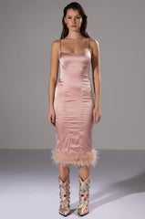 ISLA FEATHER DETAIL STRAPLESS MIDI DRESS