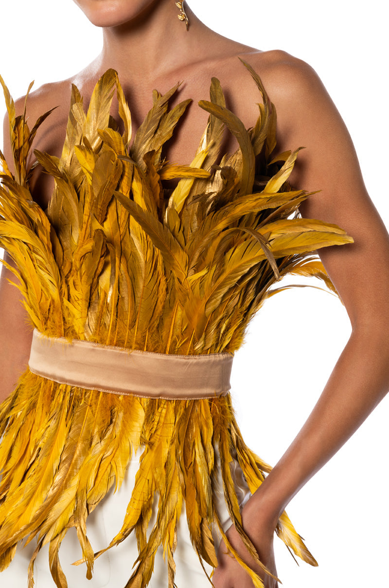 ISLA STATEMENT STRAPLESS FEATHER TOP
