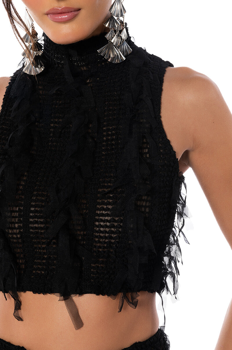 ITS A WRAP MACRAME MESH SLEEVELESS MOCK NECK TOP