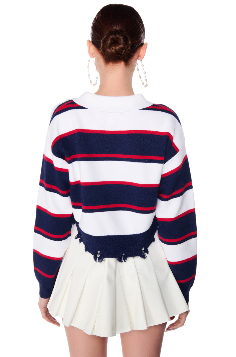 JULIAN DISTRESSED CROPPED BUTTON DOWN SWEATER