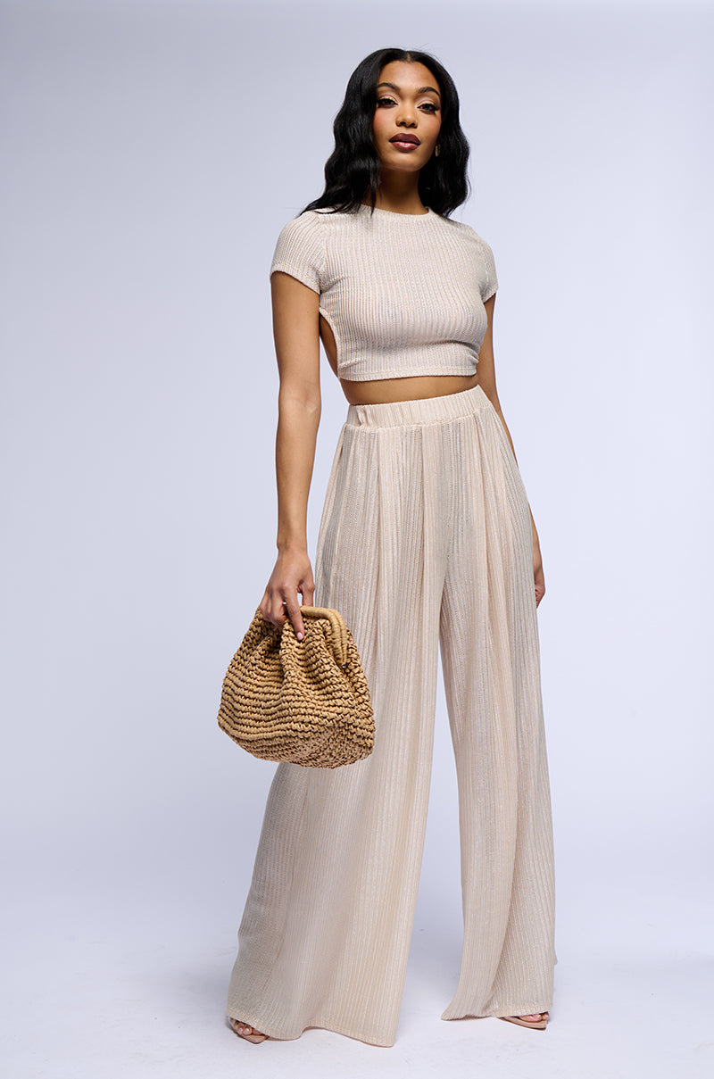 JUST LIKE MAGIC METALLIC KNIT OPEN BACK TOP IN BEIGE