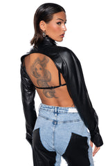 KEEP UP FAUX LEATHER COLLARED CROPPED SHIRT