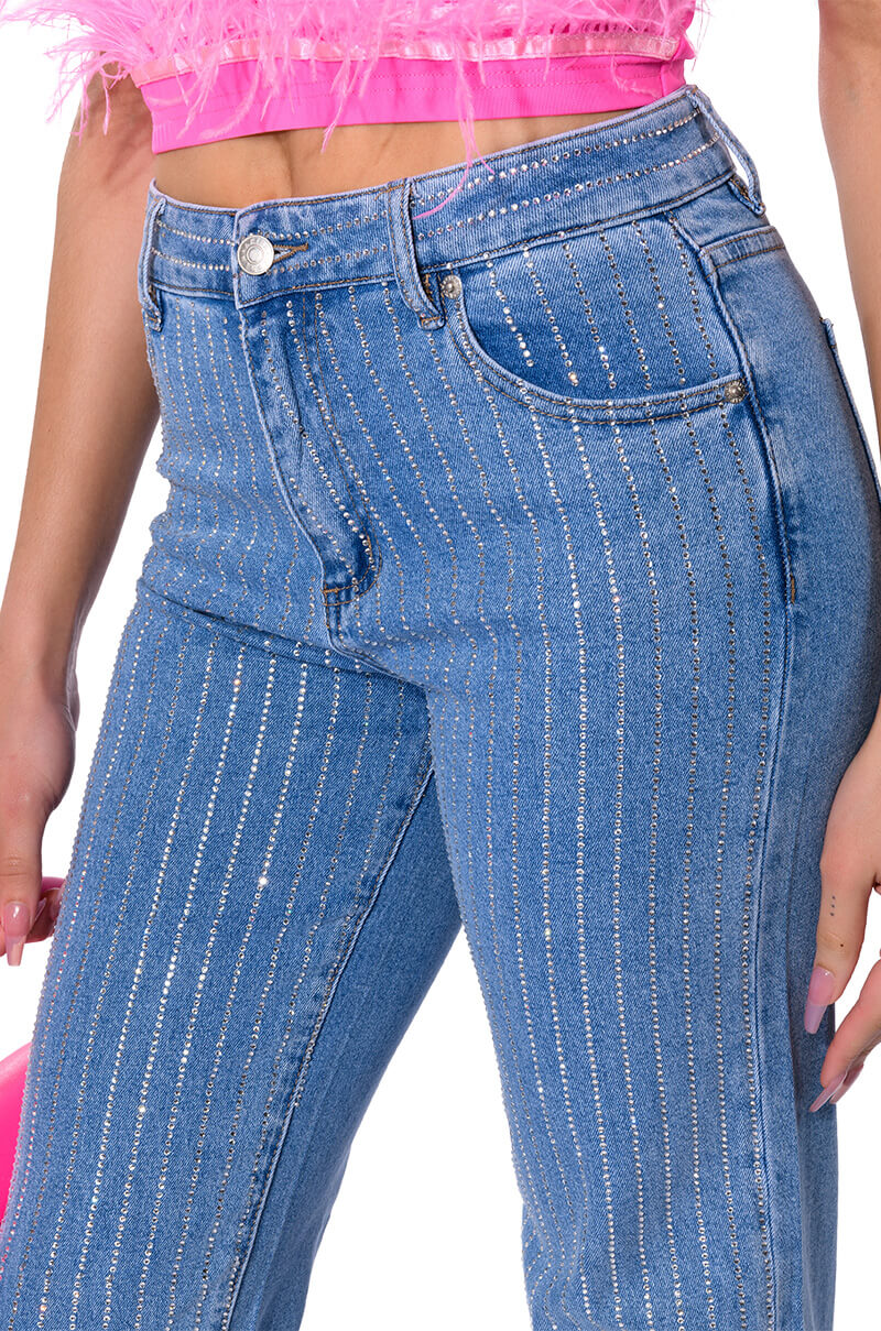 KICK BACK PINSTRIPE RHINESTONE WIDE LEG JEANS
