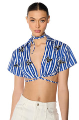 LENI STRIPED EMBELLISHED TIE FRONT BLOUSE