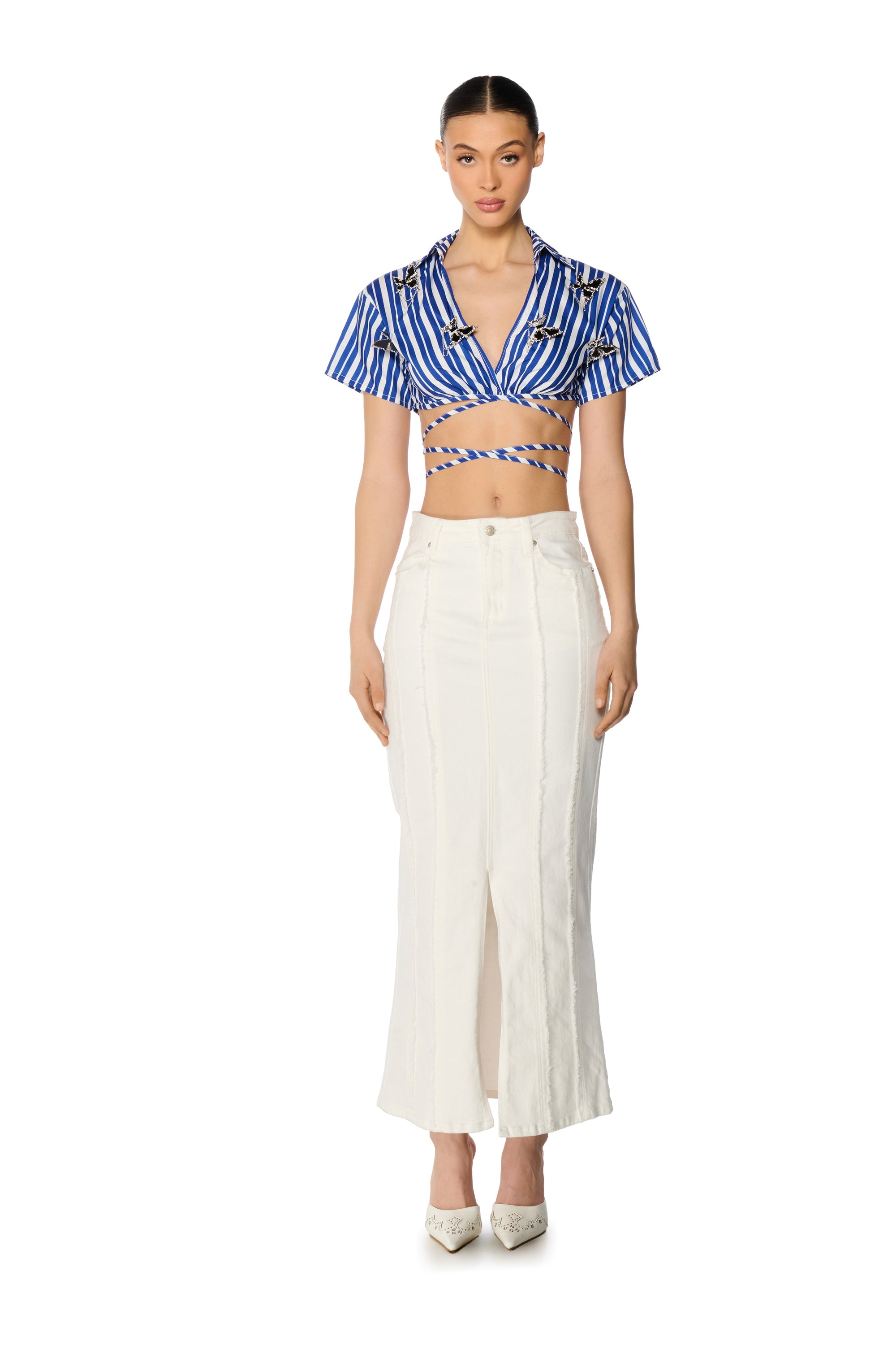 LENI STRIPED EMBELLISHED TIE FRONT BLOUSE