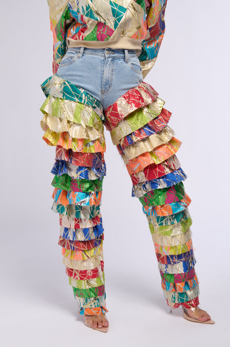 LIFE IS BUT A DREAM BROCADE RUFFLE DENIM JEANS