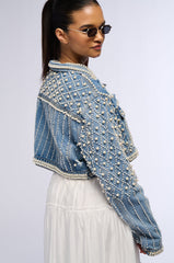 LUCKY YOU CROPPED PEARL DENIM JACKET