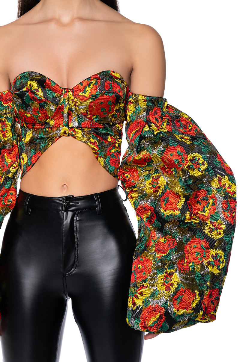 THE CROWN JEWEL CROPPED BROCADE SLEEVE BLOUSE