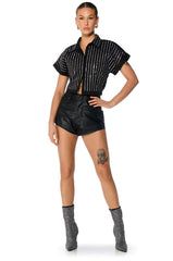 MAFIOSA RHINESTONE STRIPE CROPPED BUTTON DOWN