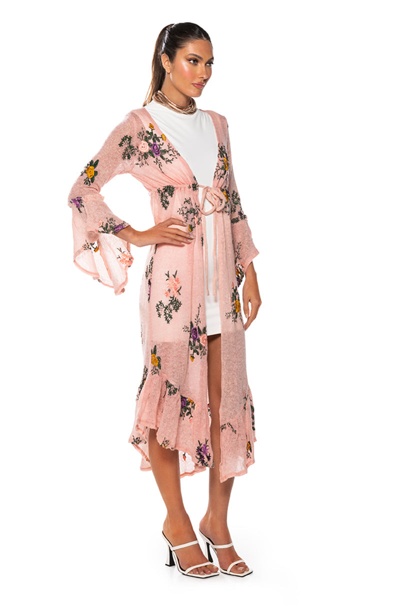 MISS HONEY LONG SLEEVE FLORAL DUSTER SWEATER