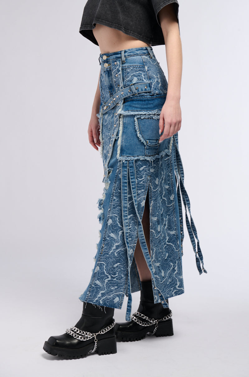 MIXED MEDIA DENIM MAXI SKIRT
