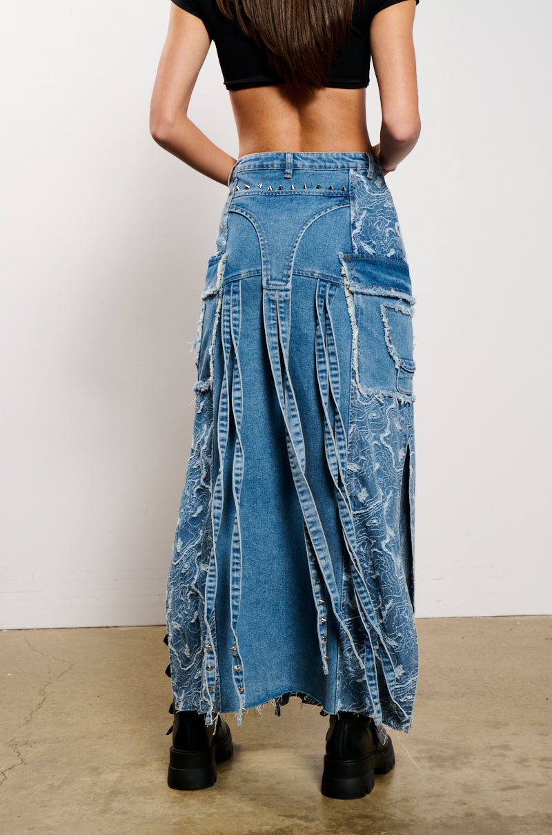 MIXED MEDIA DENIM MAXI SKIRT