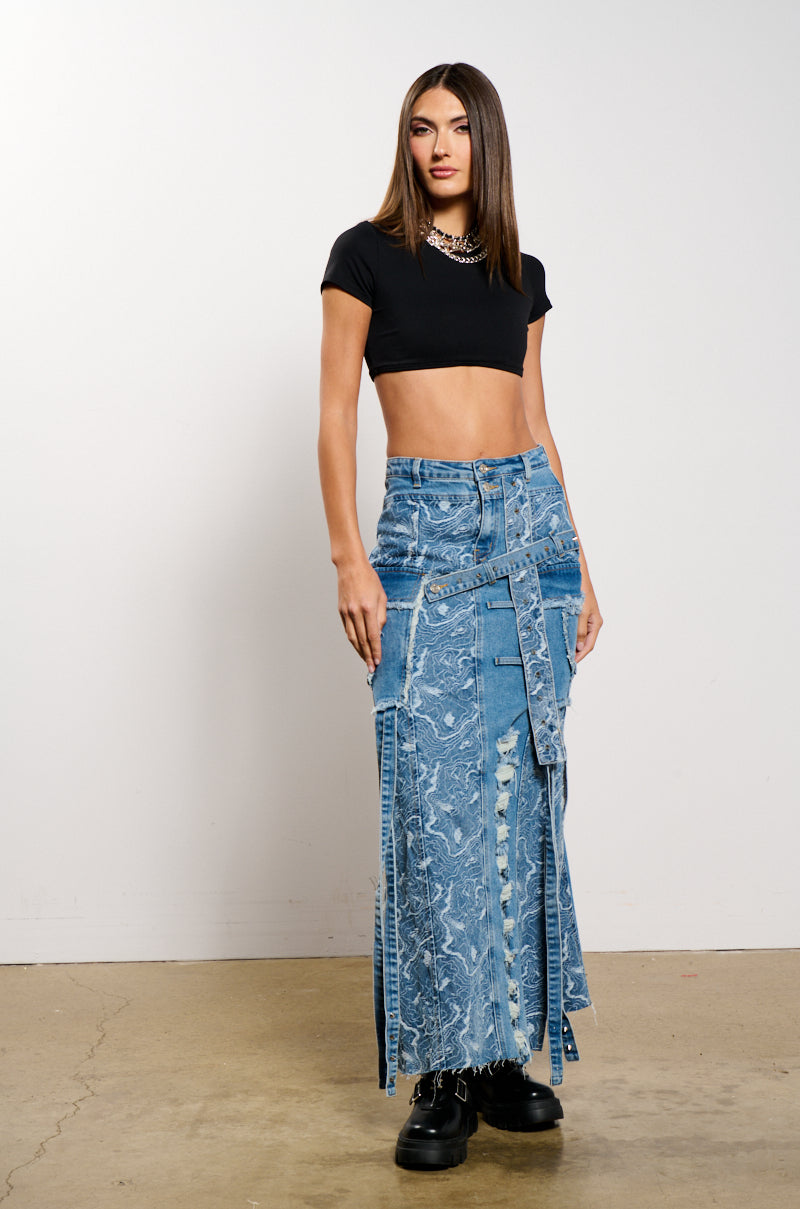 MIXED MEDIA DENIM MAXI SKIRT