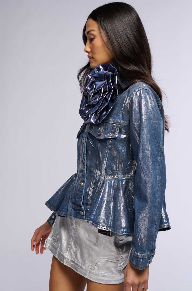 MONIQUE FLOWER DETAIL METALLIC DENIM JACKET