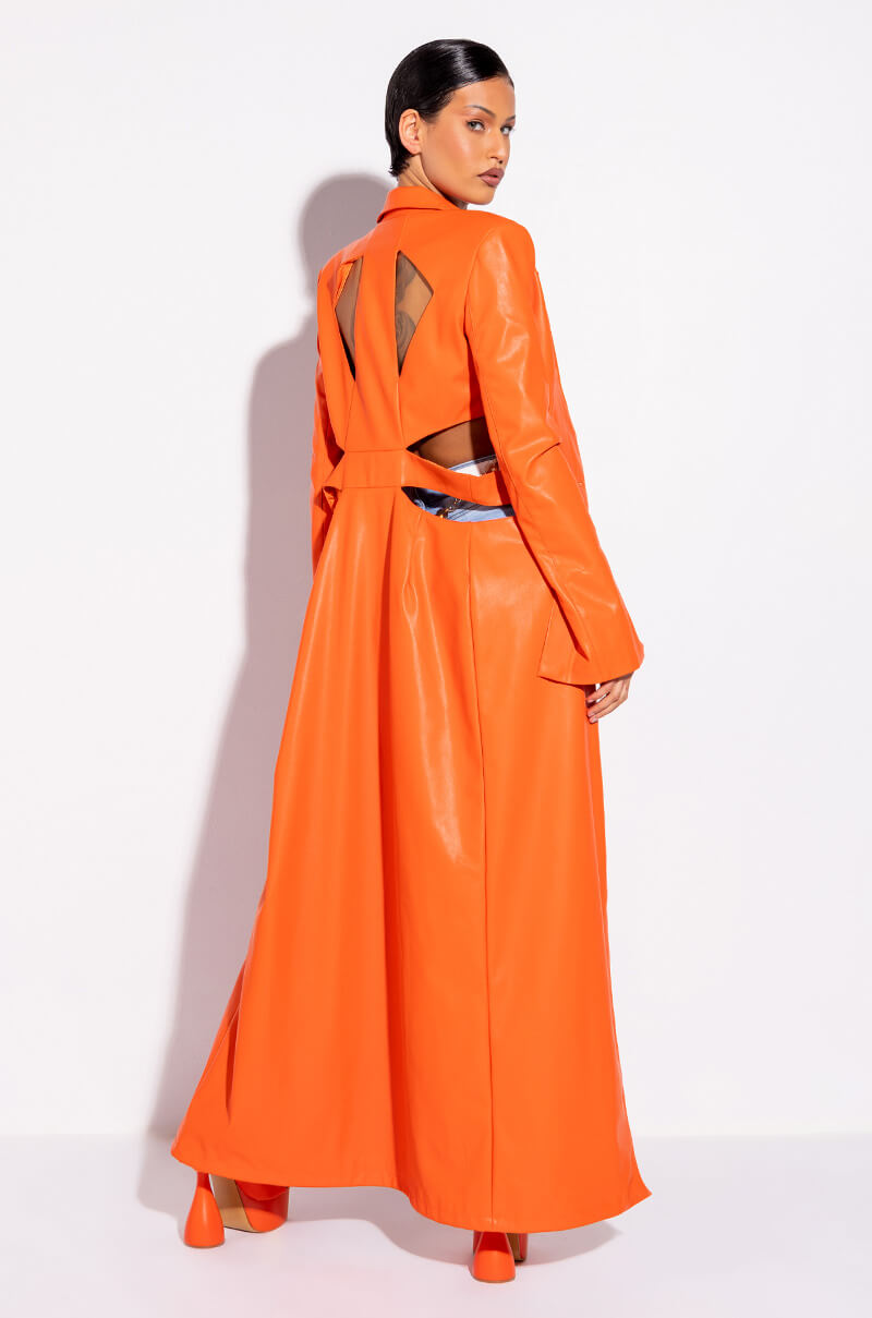 MORE LIFE ORANGE CUT OUT PLEATHER TRENCH