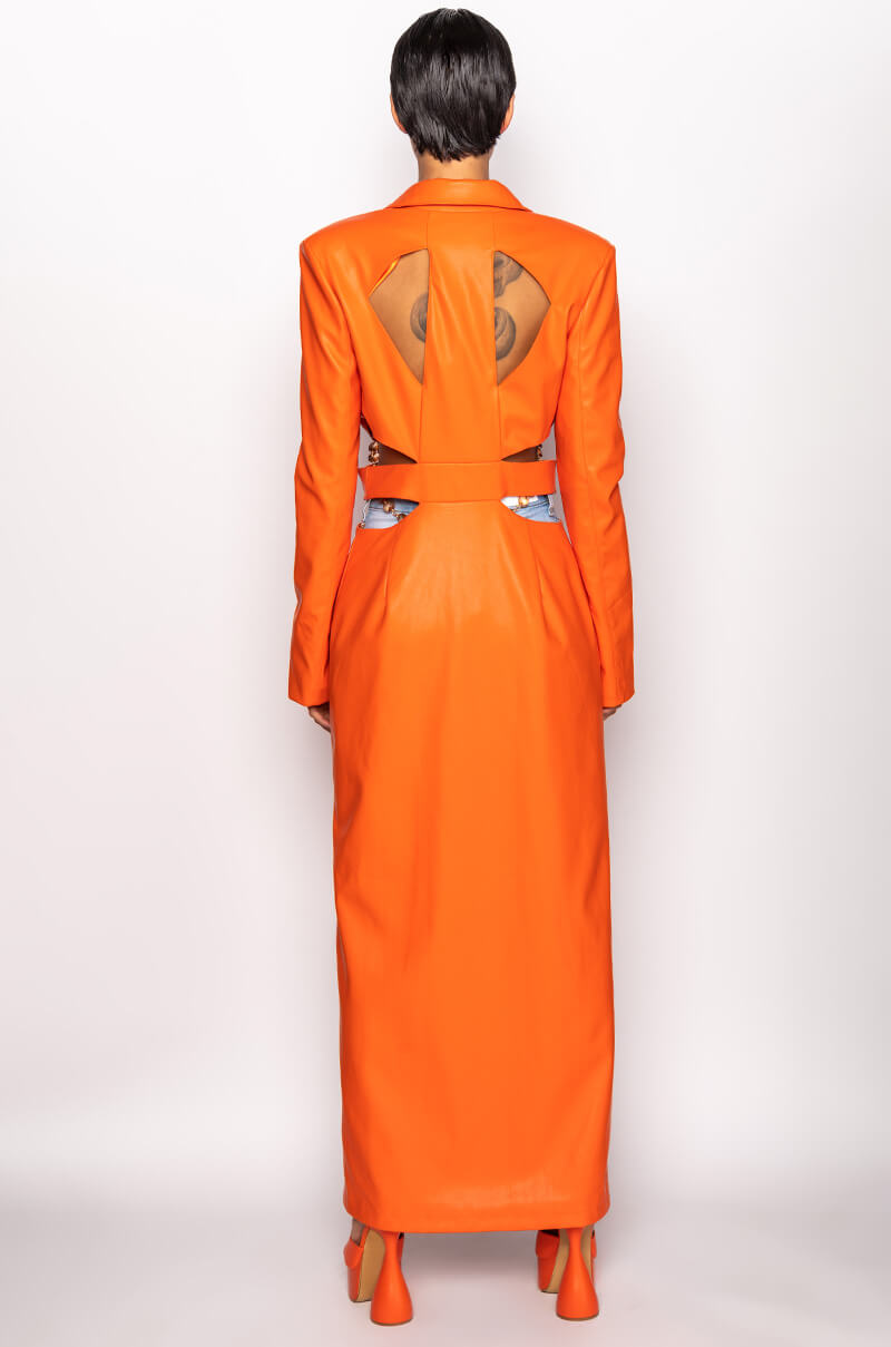 MORE LIFE ORANGE CUT OUT PLEATHER TRENCH