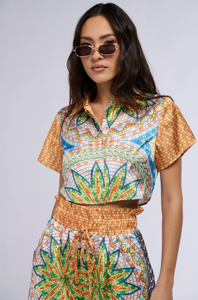 MOSAIC SATIN PRINT SHORT SLEEVE BLOUSE