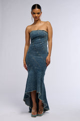 MY OWN MUSE HIGH LOW RHINESTONE DENIM MIDI DRESS