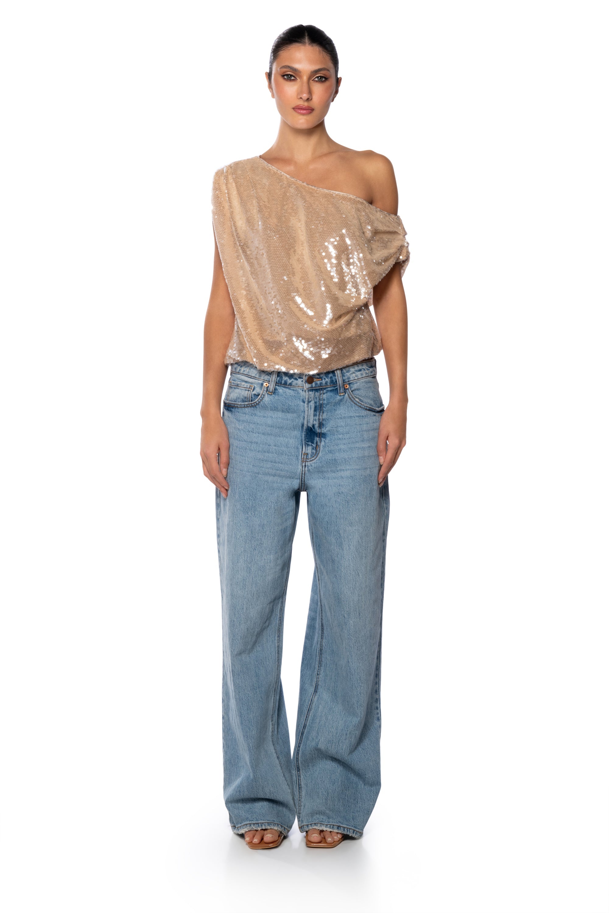 MY WORLD ASYMMETRICAL SEQUIN TOP