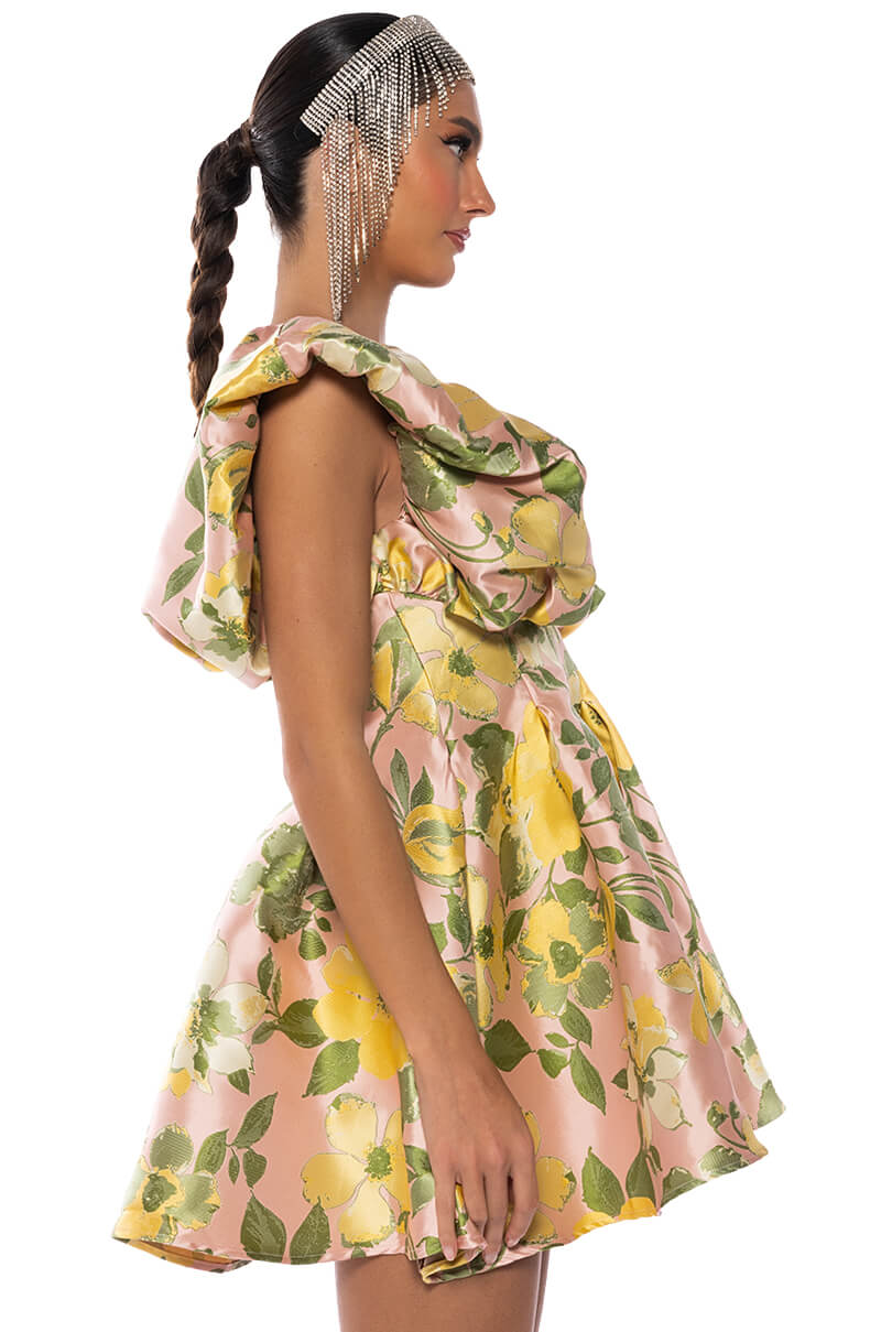 NEVER BETTER FLOUNCE SHOULDER MINI DRESS