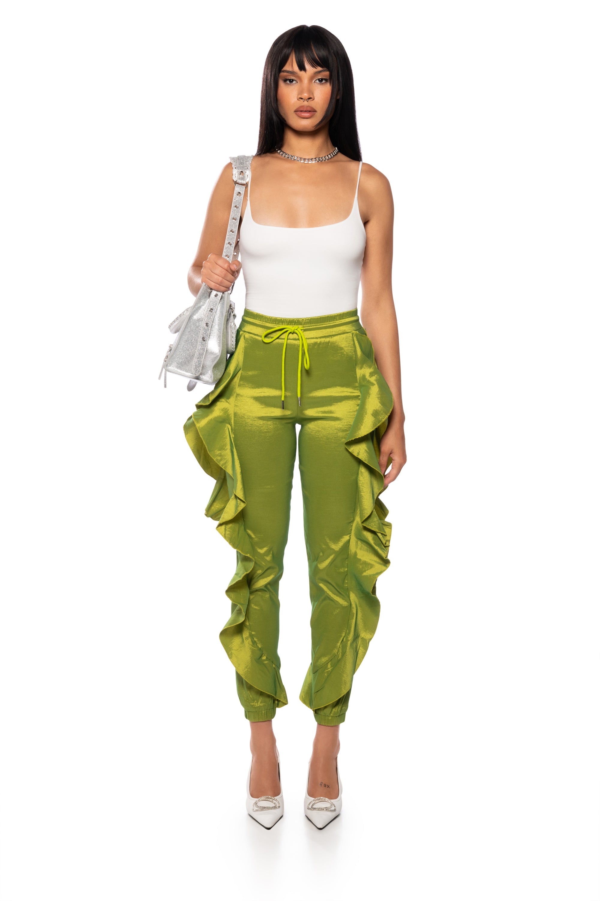 MELANIE RUFFLE DETAILED JOGGER IN LIME