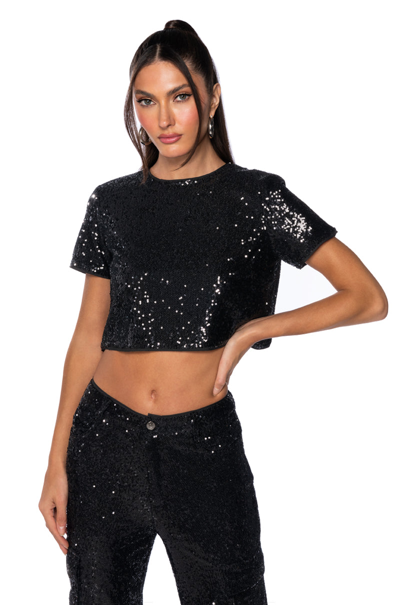 BEST WISHES SHORT SLEEVE SEQUIN TOP