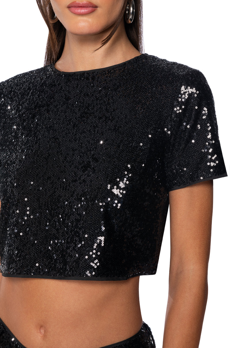 BEST WISHES SHORT SLEEVE SEQUIN TOP