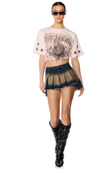 NO HARD FEELINGS ASYMMETRICAL DENIM MINI SKIRT