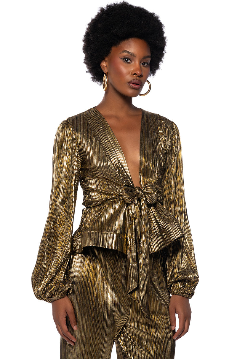 NOEL TIE PLEATED TIE FRONT METALLIC BLOUSE