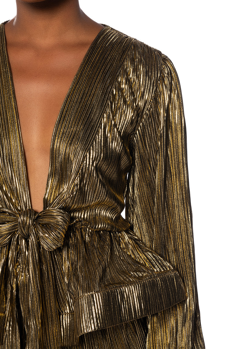 NOEL TIE PLEATED TIE FRONT METALLIC BLOUSE