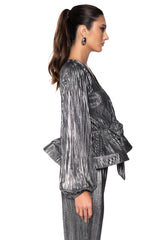 NOEL TIE PLEATED TIE FRONT METALLIC BLOUSE