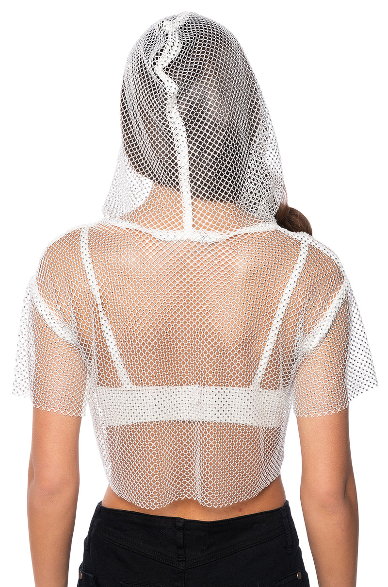 NORTH STAR RHINESTONE MESH HOODED CROP TOP IN WHITE