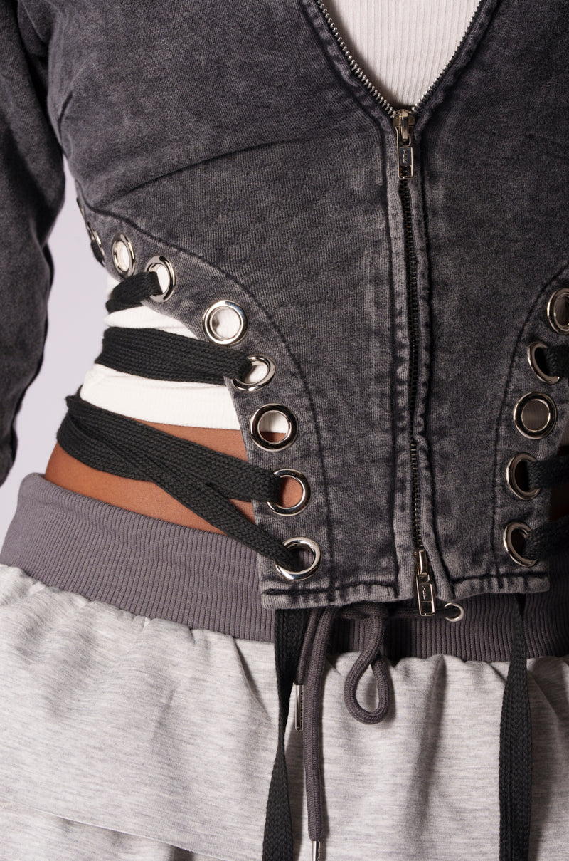 NOT MY FAULT MINERAL WASH LACE UP SWEATSHIRT