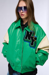 NUEVA YORK VARSITY PATCH FAUX LEATHER BOMBER JACKET