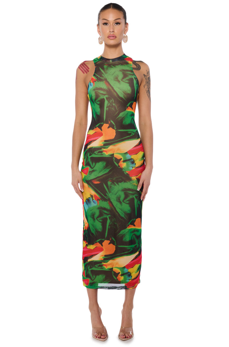 ON A ROLL PRINTED MAXI DRESS IN GREEN MULTI