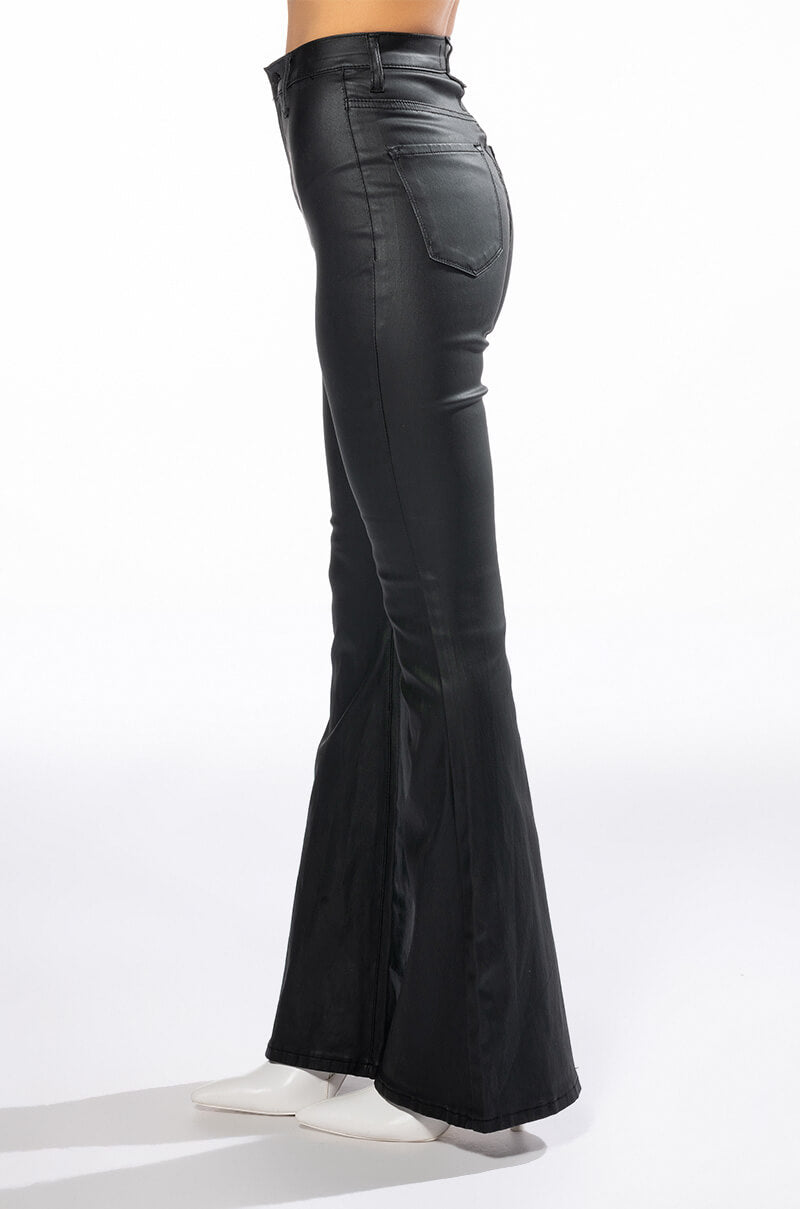 ON DUTY VEGAN LEATHER HIGH RISE FLARE PANTS LONG INSEAM