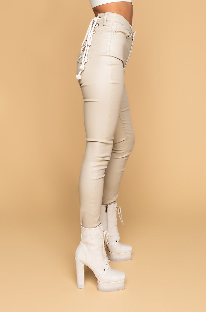 ON-DUTY VEGAN LEATHER LACE UP SKINNY PANTS