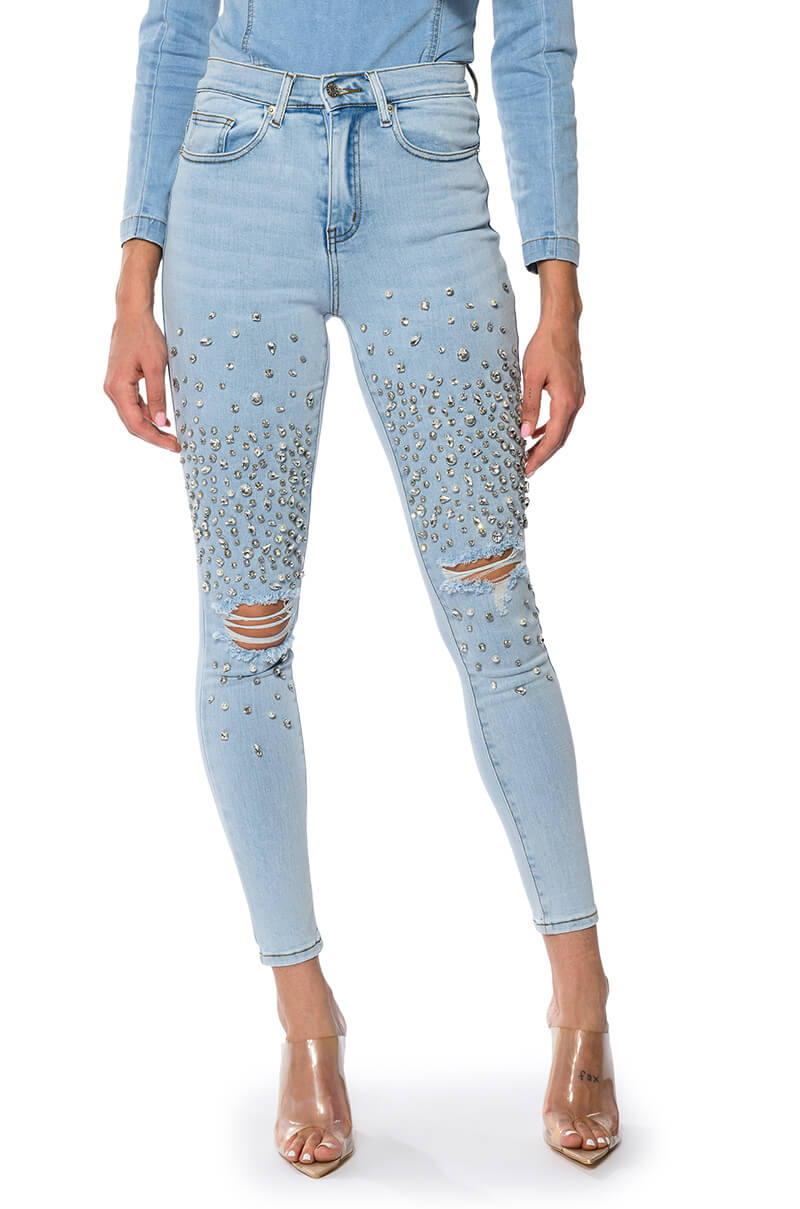 OUTTA THIS WORLD DISTRESSED RHINESTONE HIGH RISE SKINNY JEANS