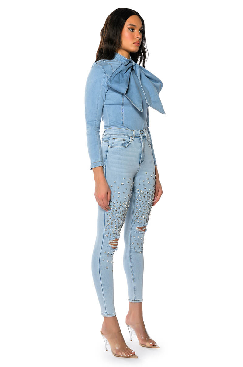 OUTTA THIS WORLD DISTRESSED RHINESTONE HIGH RISE SKINNY JEANS