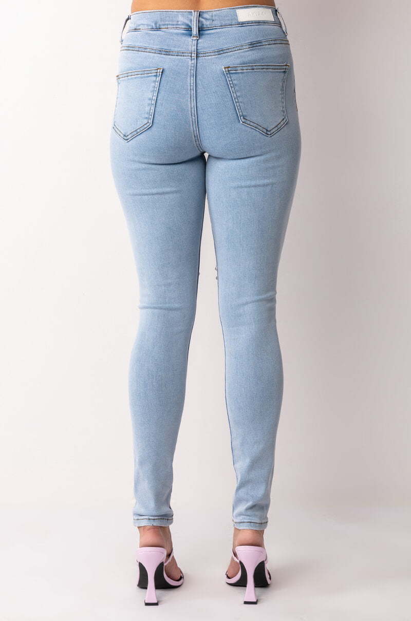 OUTTA THIS WORLD DISTRESSED RHINESTONE HIGH RISE SKINNY JEANS