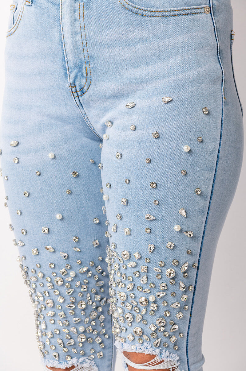 OUTTA THIS WORLD DISTRESSED RHINESTONE HIGH RISE SKINNY JEANS